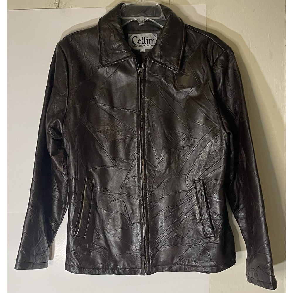 Cellini Women's Brown Leather Jacket XL - Stitch Mosaic‎ Patchwork Design